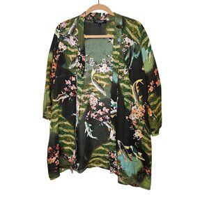 Citron Santa Monica Green Kimono Jacket Koi Cherry Blossom‎ Print L Open Front